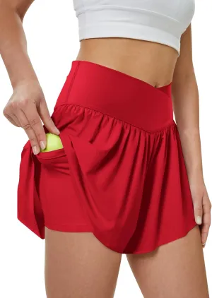 Women's Athletic Running Shorts with Pockets Crossover Butterfly Flowy Shorts Cute Summer Skorts