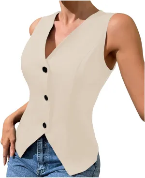 Womens Blazer Vest Button Front V Neck Lightweight Sleeveless Vest Solid Color Business Work Office Blazer Waistcoat