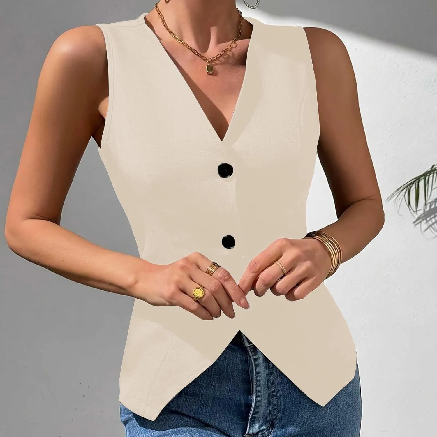 Womens Blazer Vest Button Front V Neck Lightweight Sleeveless Vest Solid Color Business Work Office Blazer Waistcoat