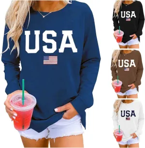 Womens Crewneck Sweatshirt Graphic American Flag Shirts Long Sleeve Oversized Pullover Patriotic Shirts Tops Tees