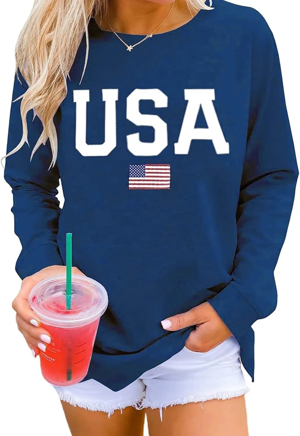 Womens Crewneck Sweatshirt Graphic American Flag Shirts Long Sleeve Oversized Pullover Patriotic Shirts Tops Tees