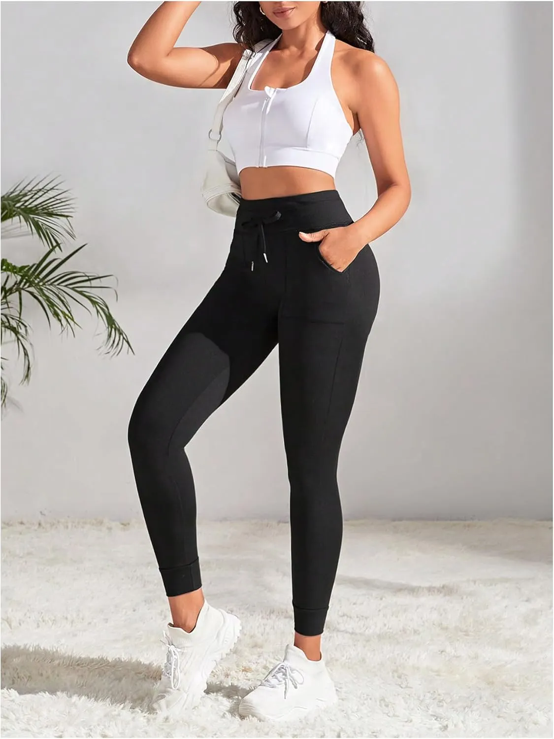 Women's Drawstring High Waisted Workout Leggings Casual Skinny Yoga Pants with Pockets