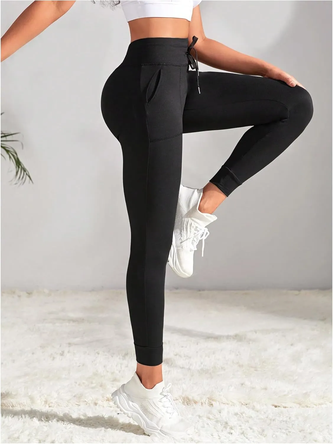 Women's Drawstring High Waisted Workout Leggings Casual Skinny Yoga Pants with Pockets