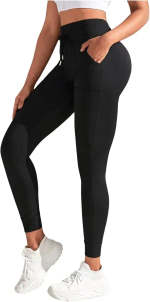 Women's Drawstring High Waisted Workout Leggings Casual Skinny Yoga Pants with Pockets