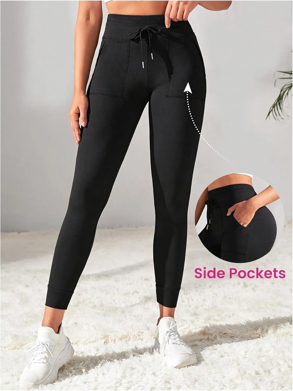 Women's Drawstring High Waisted Workout Leggings Casual Skinny Yoga Pants with Pockets