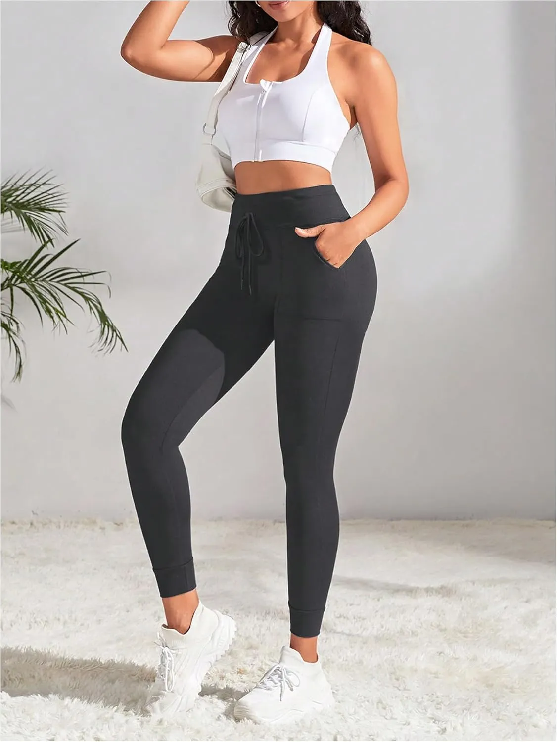 Women's Drawstring High Waisted Workout Leggings Casual Skinny Yoga Pants with Pockets