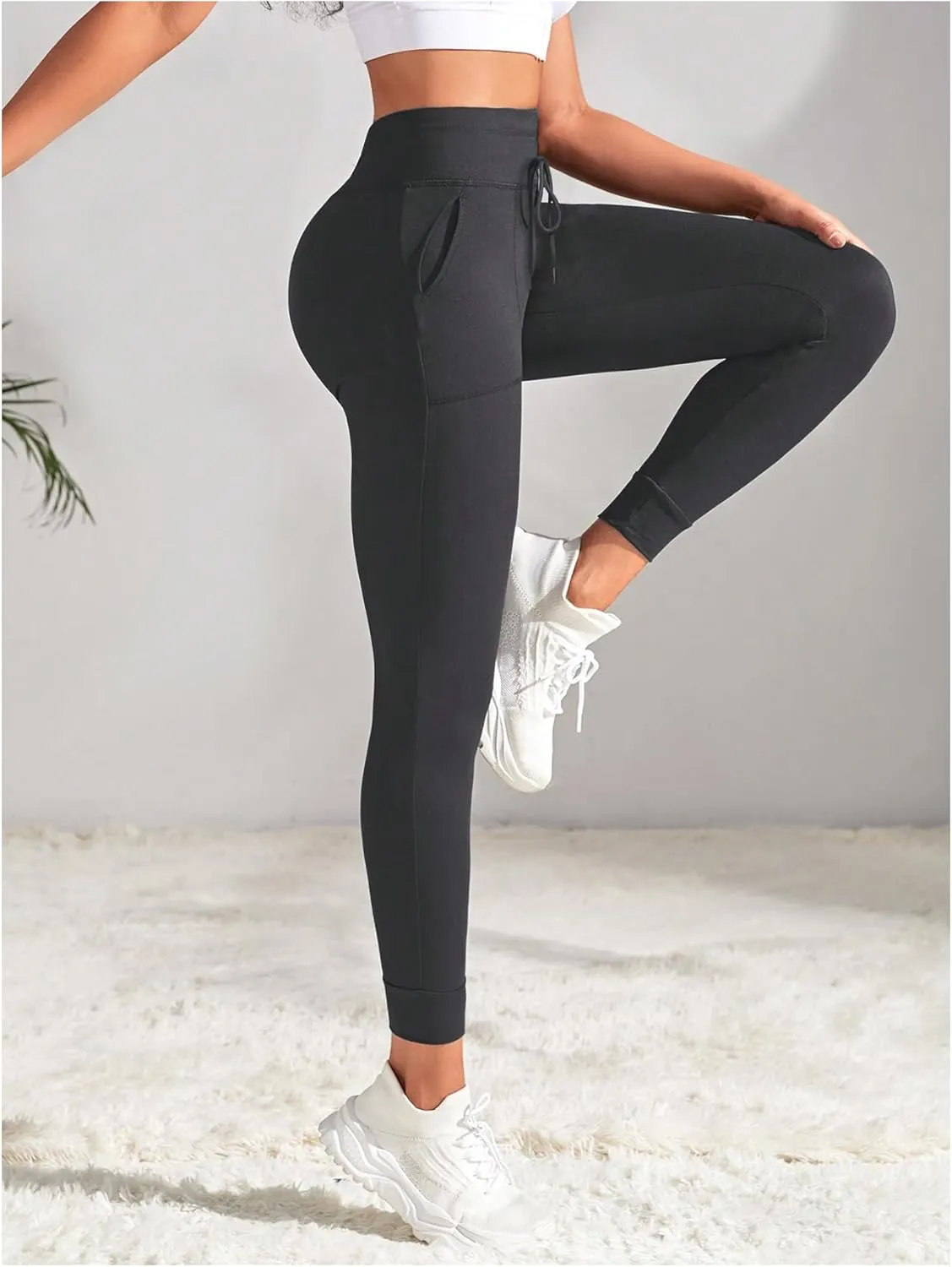 Women's Drawstring High Waisted Workout Leggings Casual Skinny Yoga Pants with Pockets