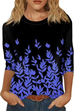 Womens Fall Tops Crew Neck Cute Tshirts 3/4 Length Sleeve Floral Print Loose Blouses Dressy Casual 2024 Pullover