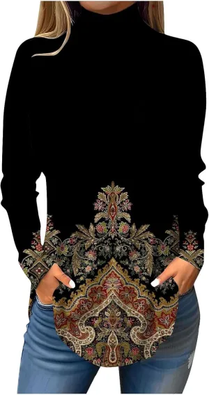 Womens Fall Tops Printing Long Sleeve Sweatshirts Turtleneck Vintage Pullover Tunic Y2k Shirt Fashion Casual Blouses