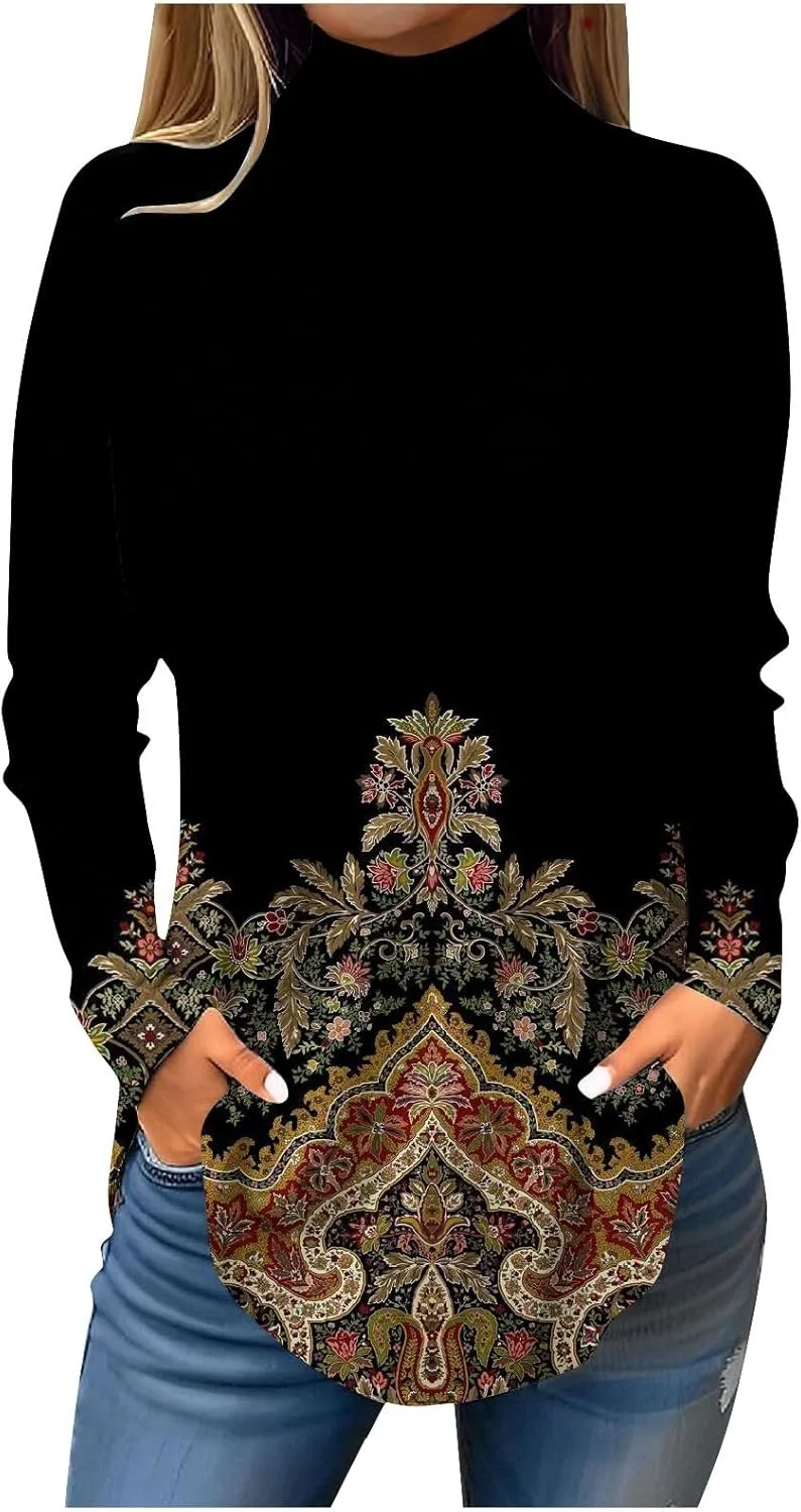 Womens Fall Tops Printing Long Sleeve Sweatshirts Turtleneck Vintage Pullover Tunic Y2k Shirt Fashion Casual Blouses