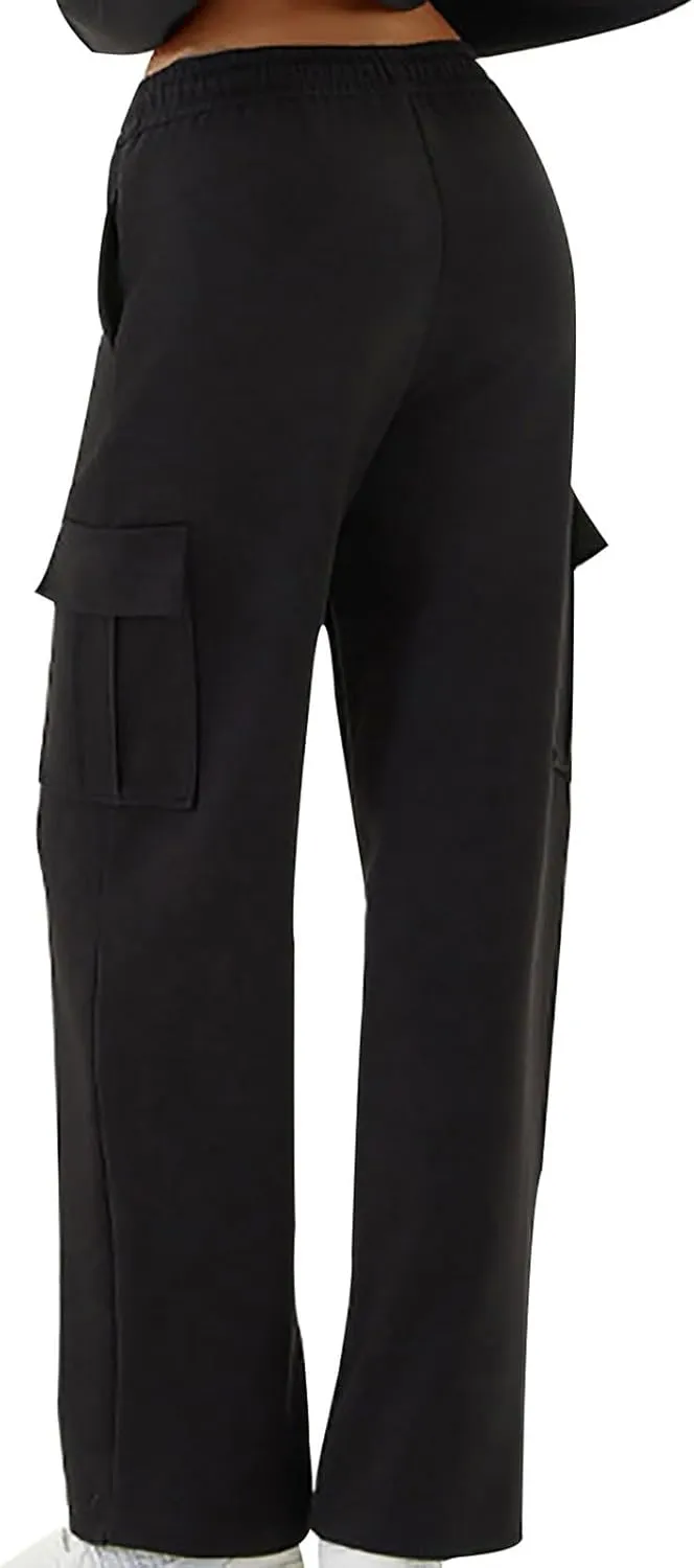 Women's Fashion Solid Color Cargo Pants Casual Drawstring Elastic Waist Straight Leg Loose Trousers with Pockets