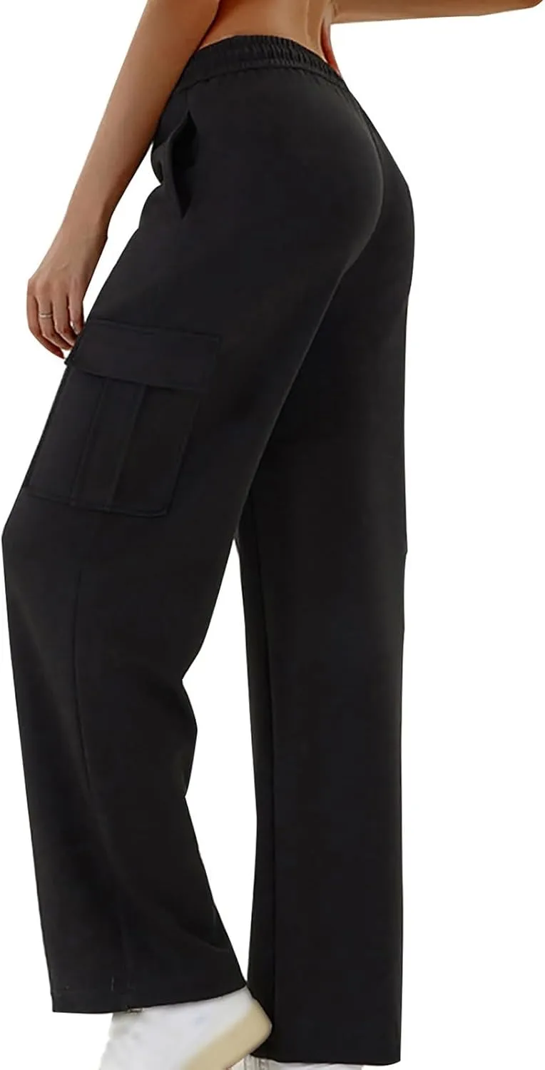 Women's Fashion Solid Color Cargo Pants Casual Drawstring Elastic Waist Straight Leg Loose Trousers with Pockets