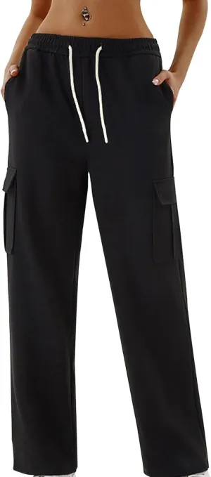 Women's Fashion Solid Color Cargo Pants Casual Drawstring Elastic Waist Straight Leg Loose Trousers with Pockets
