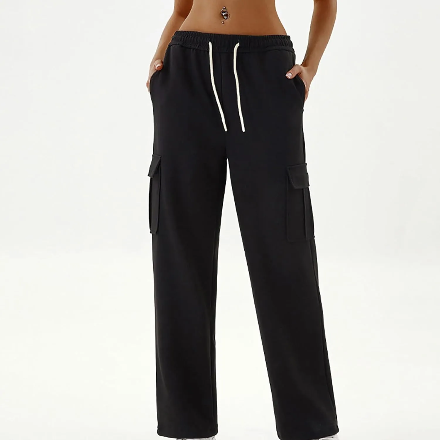 Women's Fashion Solid Color Cargo Pants Casual Drawstring Elastic Waist Straight Leg Loose Trousers with Pockets
