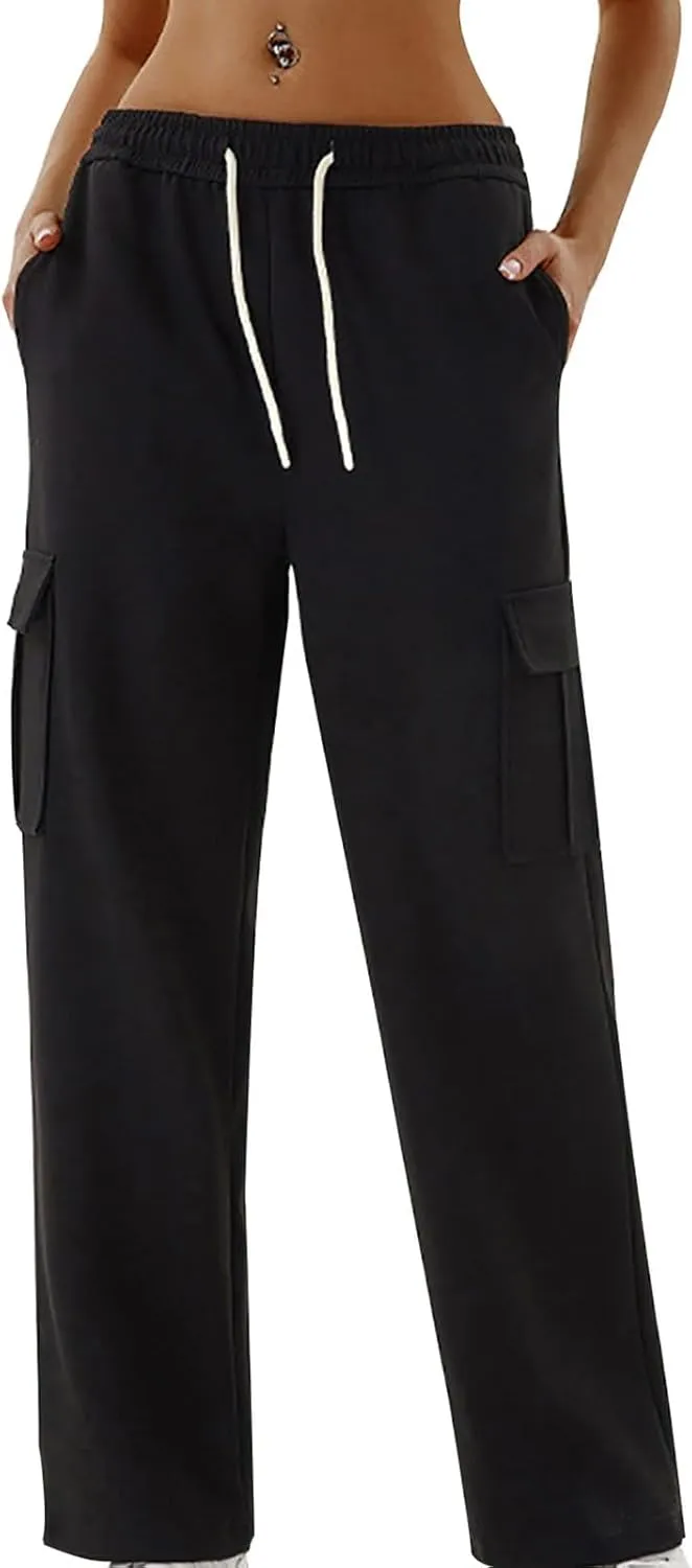 Women's Fashion Solid Color Cargo Pants Casual Drawstring Elastic Waist Straight Leg Loose Trousers with Pockets