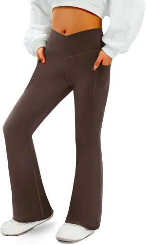 Women's Flare Yoga Pants with Pockets-V Crossover High Waisted Bootcut Yoga Leggings-Flare Workout Gym Leggings