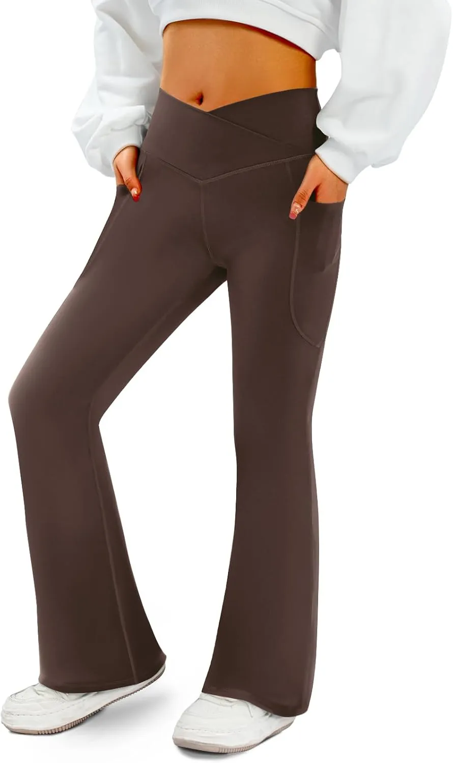 Women's Flare Yoga Pants with Pockets-V Crossover High Waisted Bootcut Yoga Leggings-Flare Workout Gym Leggings