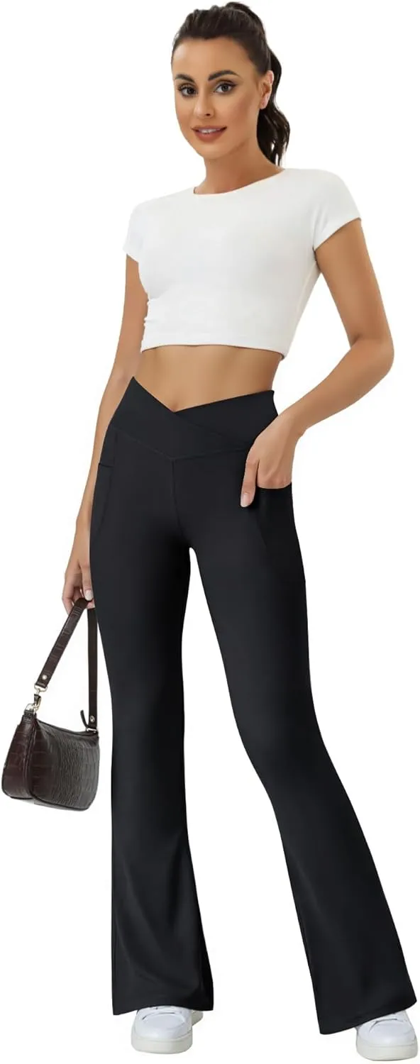 Women's Flare Yoga Pants with Pockets-V Crossover High Waisted Bootcut Yoga Leggings-Flare Workout Gym Leggings
