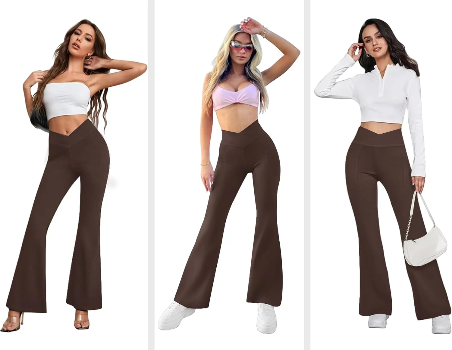 Women's Flare Yoga Pants with Pockets-V Crossover High Waisted Bootcut Yoga Leggings-Flare Workout Gym Leggings