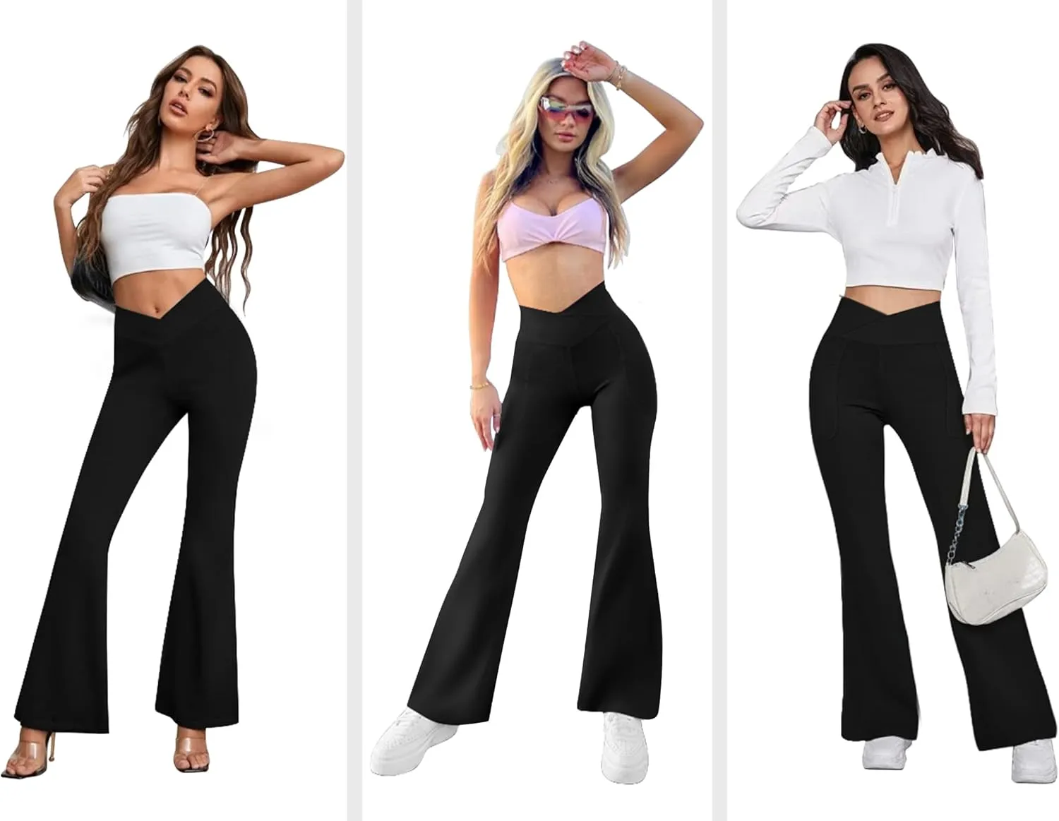Women's Flare Yoga Pants with Pockets-V Crossover High Waisted Bootcut Yoga Leggings-Flare Workout Gym Leggings