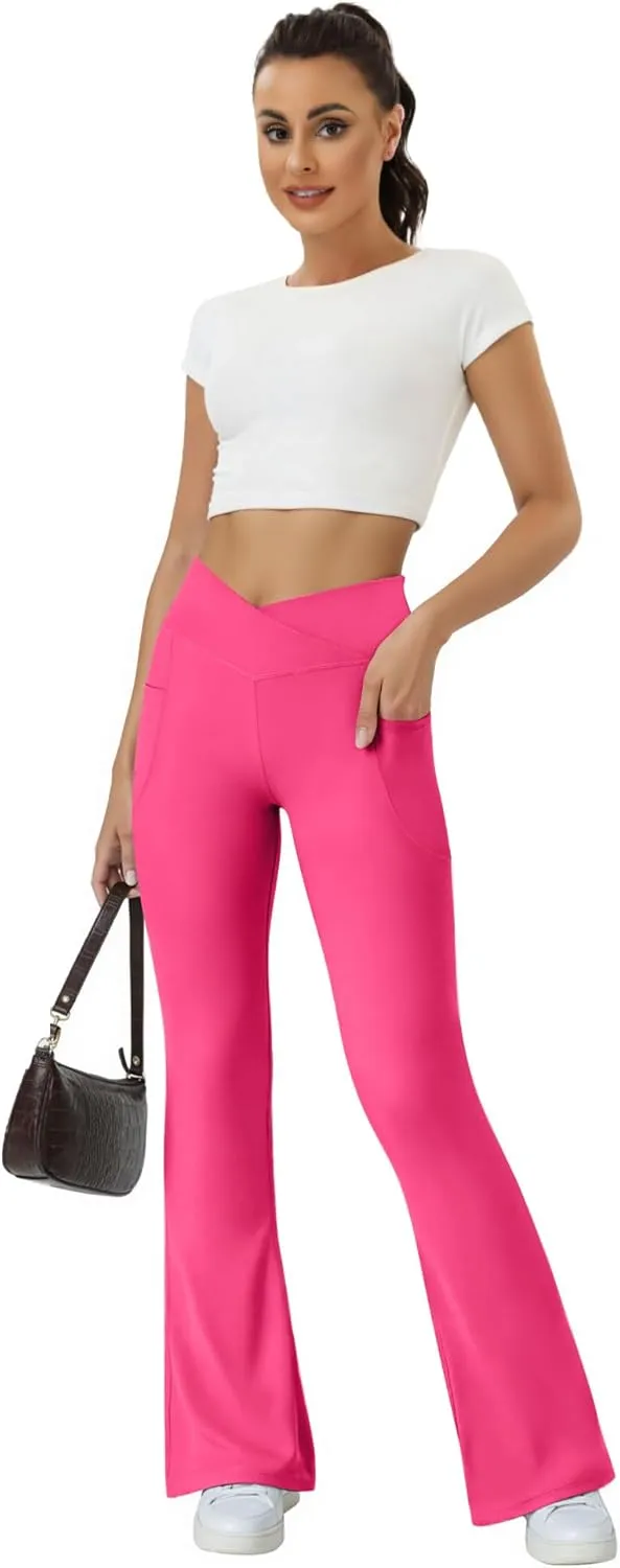 Women's Flare Yoga Pants with Pockets-V Crossover High Waisted Bootcut Yoga Leggings-Flare Workout Gym Leggings
