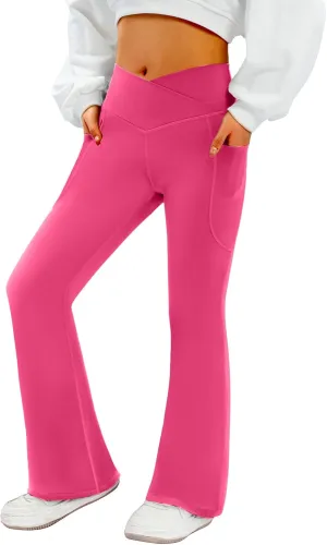 Women's Flare Yoga Pants with Pockets-V Crossover High Waisted Bootcut Yoga Leggings-Flare Workout Gym Leggings