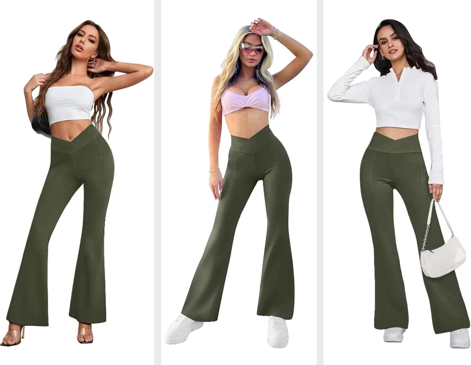 Women's Flare Yoga Pants with Pockets-V Crossover High Waisted Bootcut Yoga Leggings-Flare Workout Gym Leggings