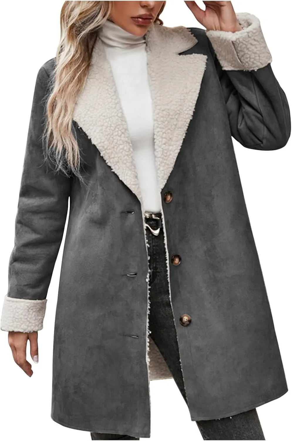 Womens Fleece Lined Jackets 2024 Winter Suede Coats Thickened Warm Sherpa Pea Coats Notch Lapel Vintage Outerwear