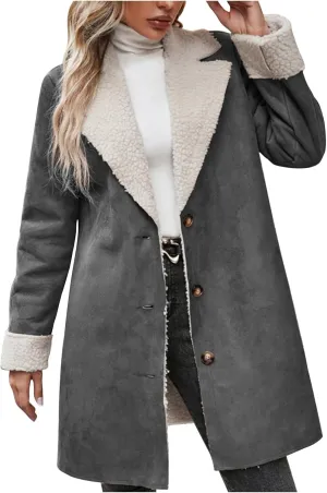 Womens Fleece Lined Jackets 2024 Winter Suede Coats Thickened Warm Sherpa Pea Coats Notch Lapel Vintage Outerwear