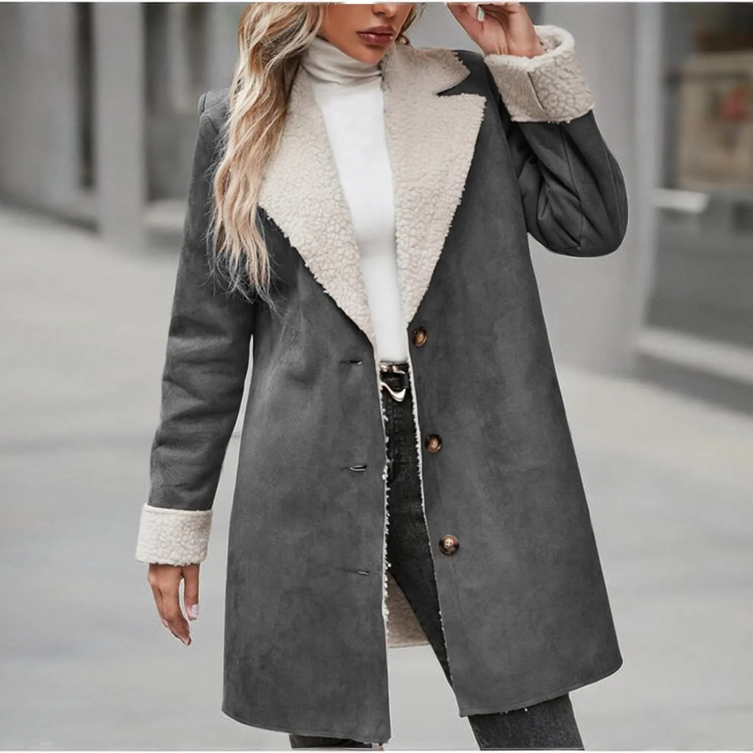 Womens Fleece Lined Jackets 2024 Winter Suede Coats Thickened Warm Sherpa Pea Coats Notch Lapel Vintage Outerwear