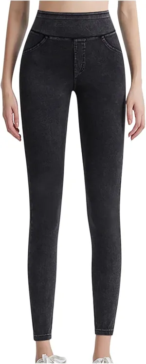 Womens High Waist Stretch Leggings Casual Tummy Control Pants Solid Color Workout Running Gym Yoga Pants with Pockets