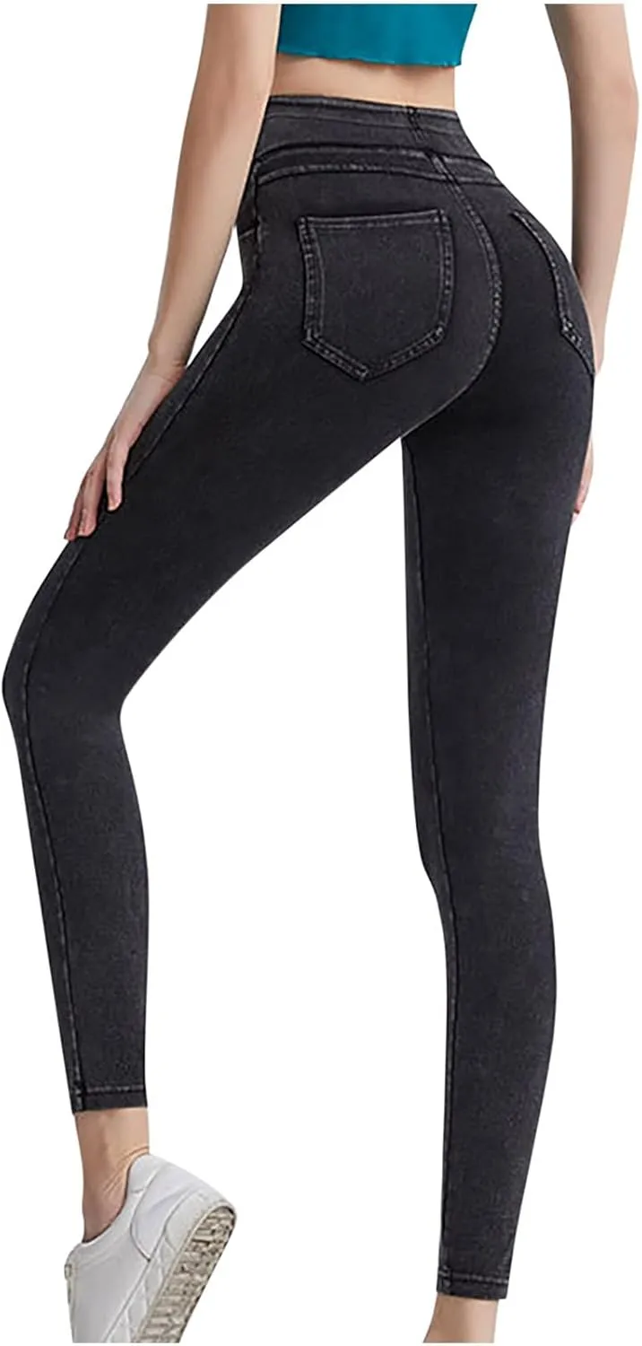 Womens High Waist Stretch Leggings Casual Tummy Control Pants Solid Color Workout Running Gym Yoga Pants with Pockets