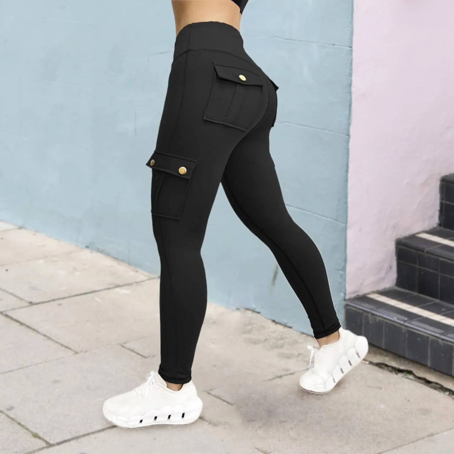Womens Leggings with Cargo Pocket High Waist Tummy Control Yoga Pants Butt Lifting Cargo Leggings Workout Gym Pants