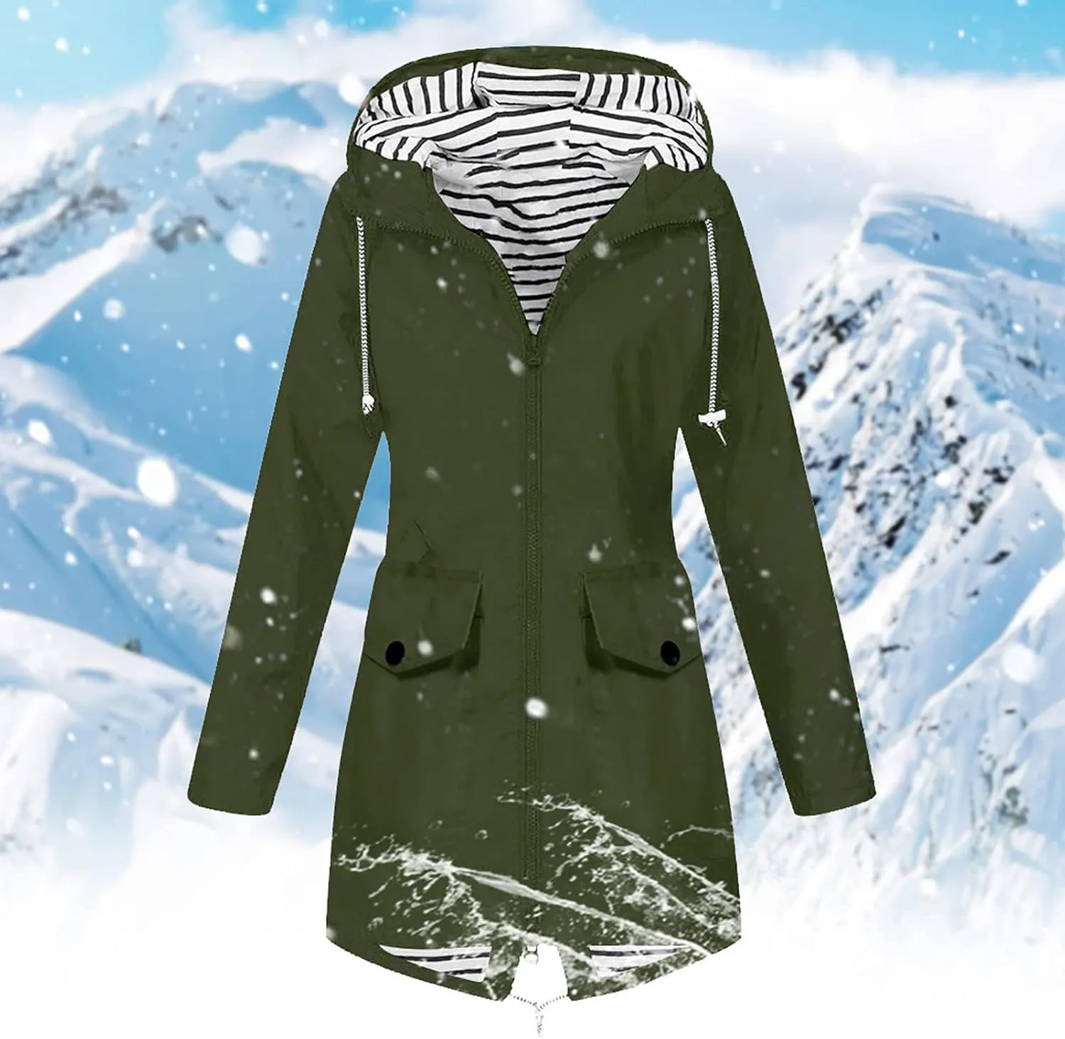 Womens Long Rain Jacket Lightweight Waterproof Windproof Rain Coat Drawstring Zip Up Windbreaker Outdoor Trench Coat