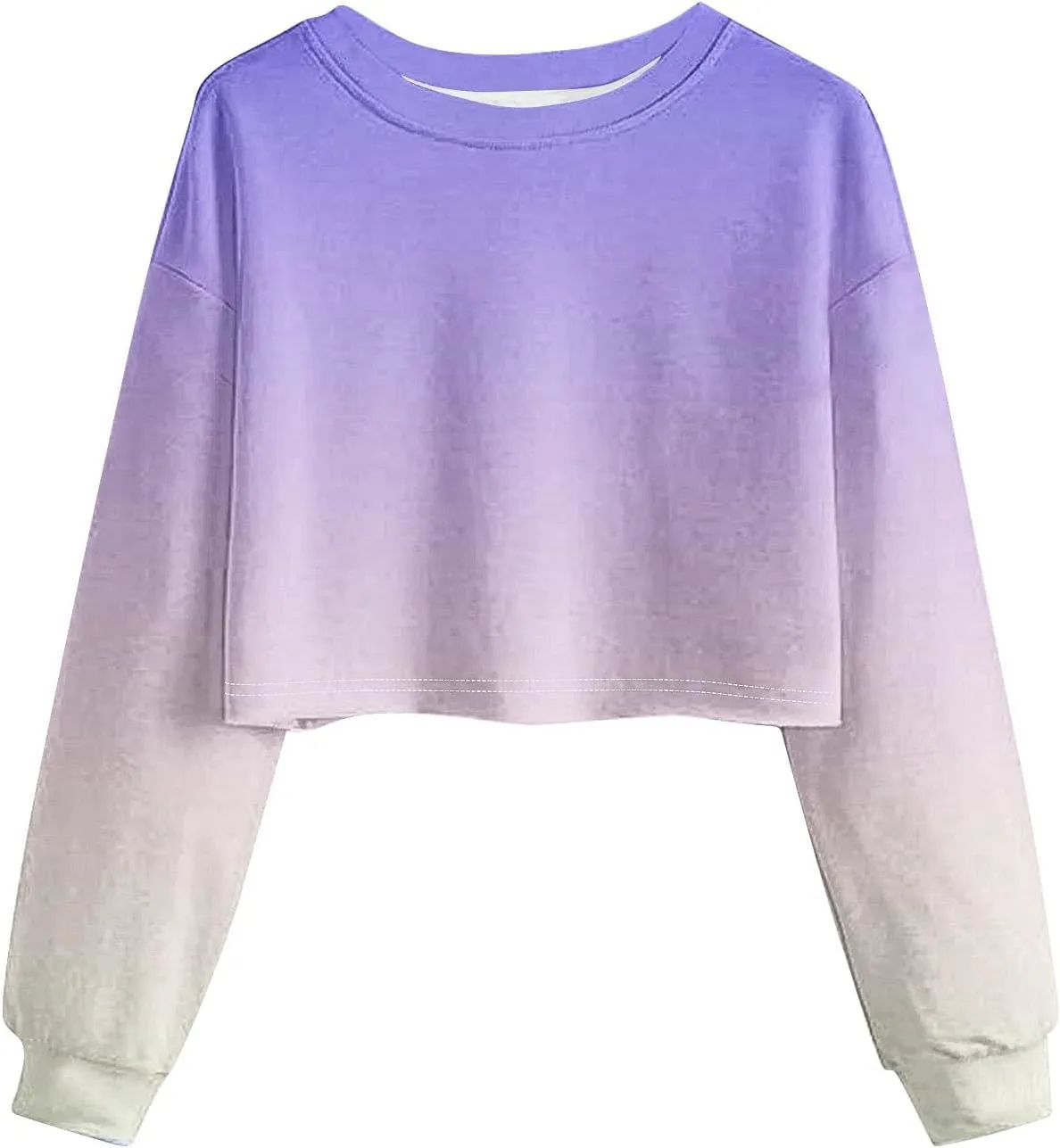 Womens Long Sleeve Cropped T-Shirts Ombre Round Neck Drop Shoulder Crop Sweatshirts Fleece Casual Workout Crop Tops