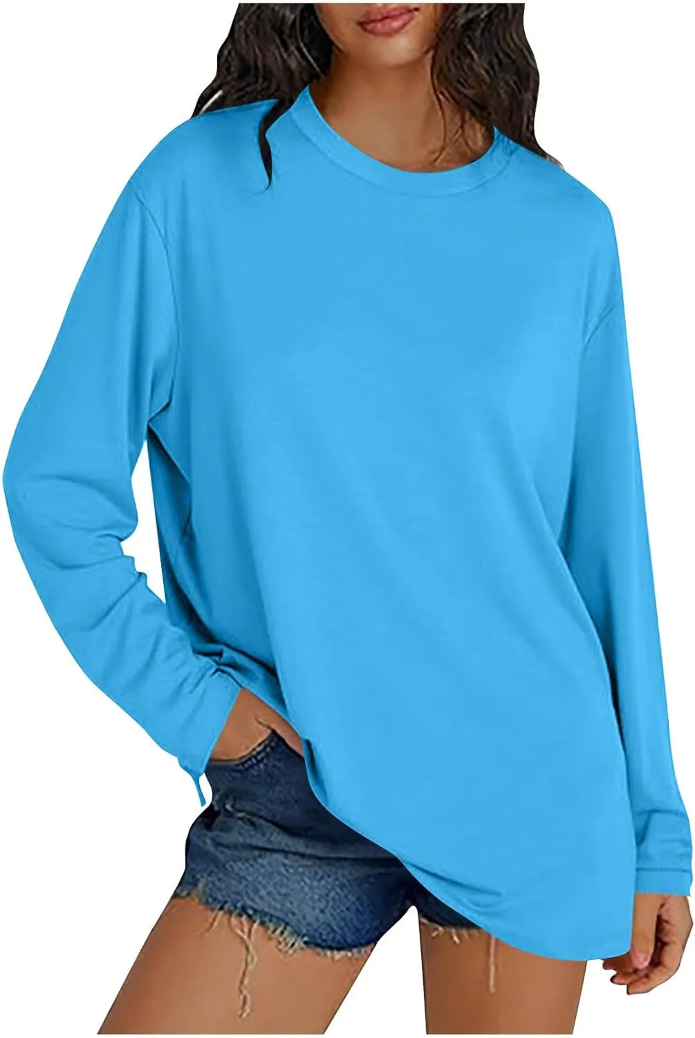 Womens Long Sleeve Shirts Oversized Crew Neck T-Shirt Drop Shoulder Casual Loose Fit Tops Fashion Trendy Outfits