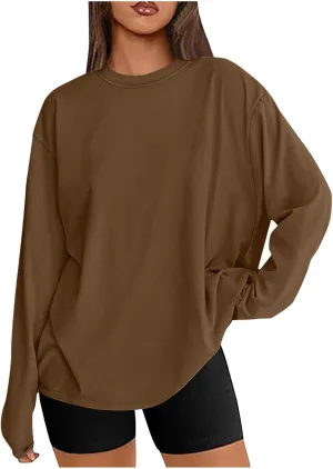 Womens Long Sleeve Shirts Oversized Crew Neck T-Shirt Drop Shoulder Casual Loose Fit Tops Fashion Trendy Outfits