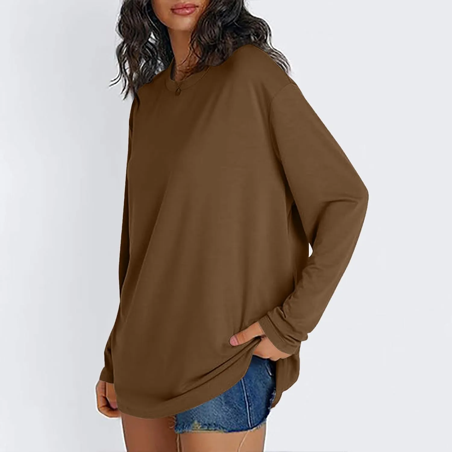 Womens Long Sleeve Shirts Oversized Crew Neck T-Shirt Drop Shoulder Casual Loose Fit Tops Fashion Trendy Outfits