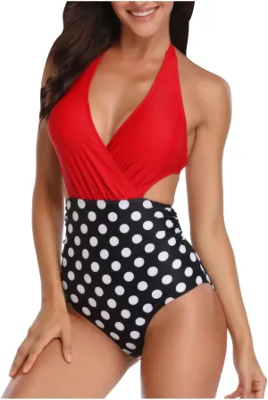 Women's One Piece Swimsuit Halter Backless Tie Knot Bathing Suits Tummy Control Wrap V Neck Beach Bikini Swimwear