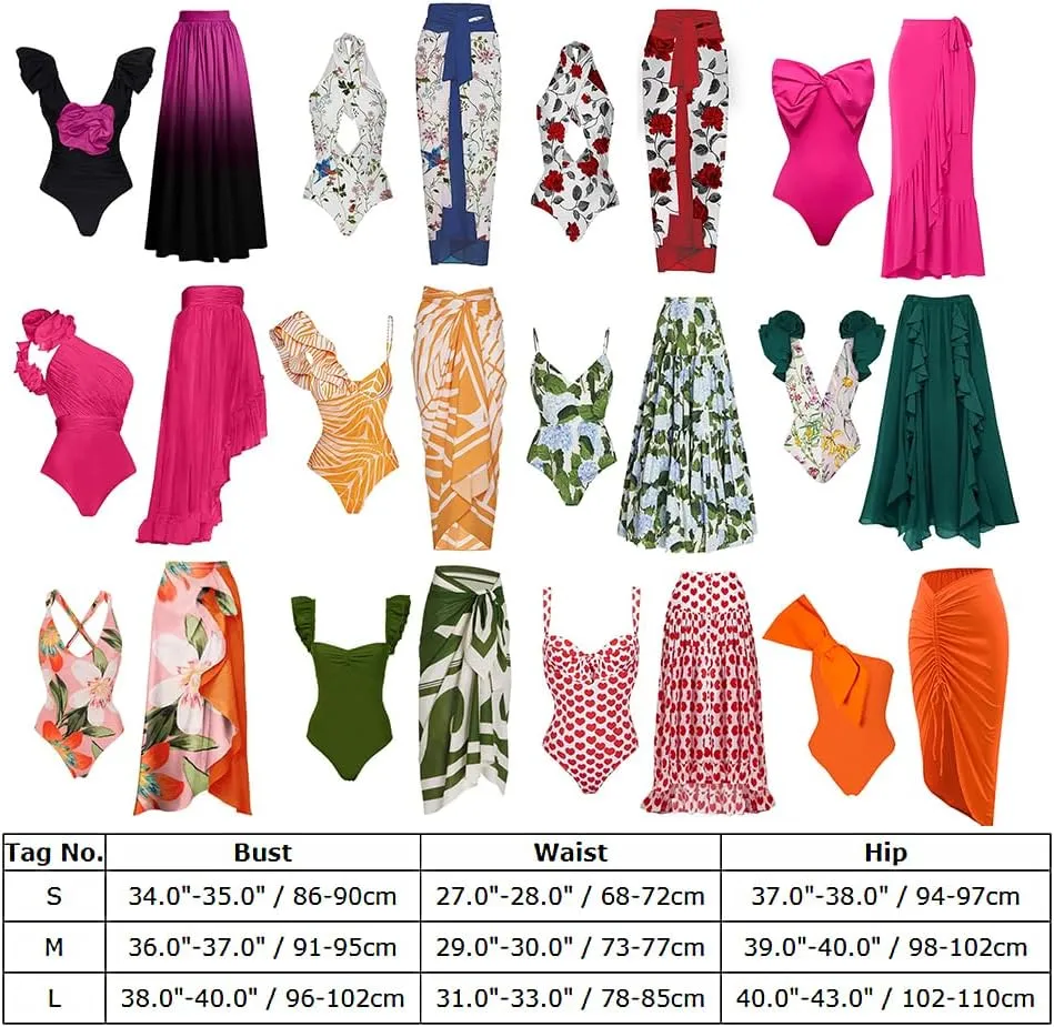 Women's One Piece Swimsuit with Cover Up Set Wrap Skirt Sleeveless Floral Beach Swimwear Sarong Bathing Suit