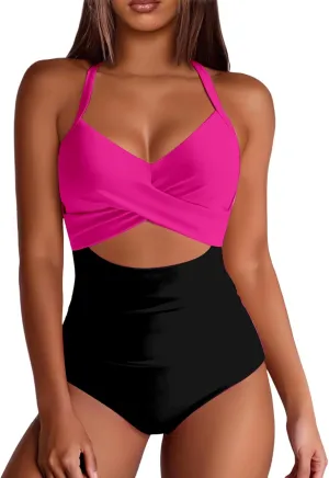 Womens One Piece Swimsuits Waisted Cross Tummy Control Cutout High Waisted Bathing Suit Straps Pad Swimwear