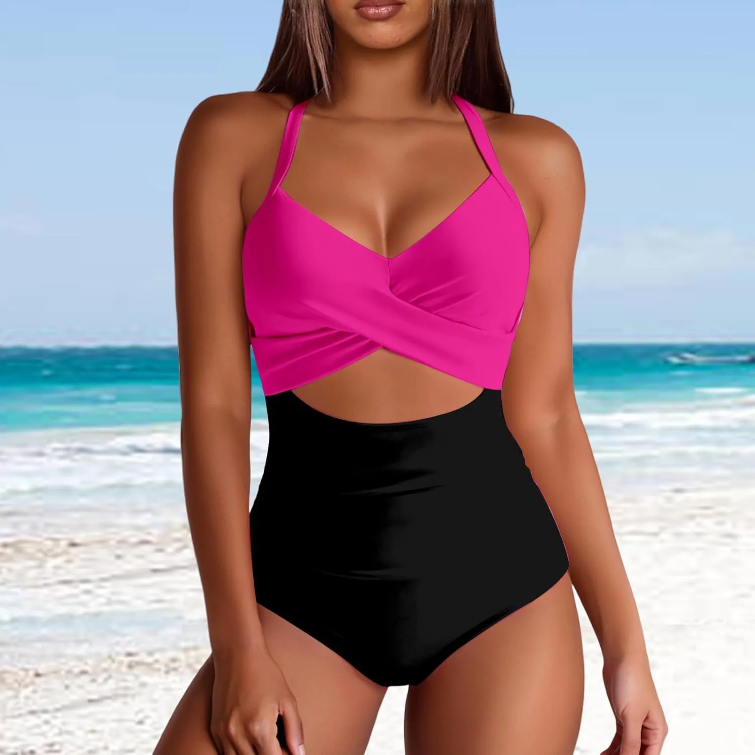 Womens One Piece Swimsuits Waisted Cross Tummy Control Cutout High Waisted Bathing Suit Straps Pad Swimwear