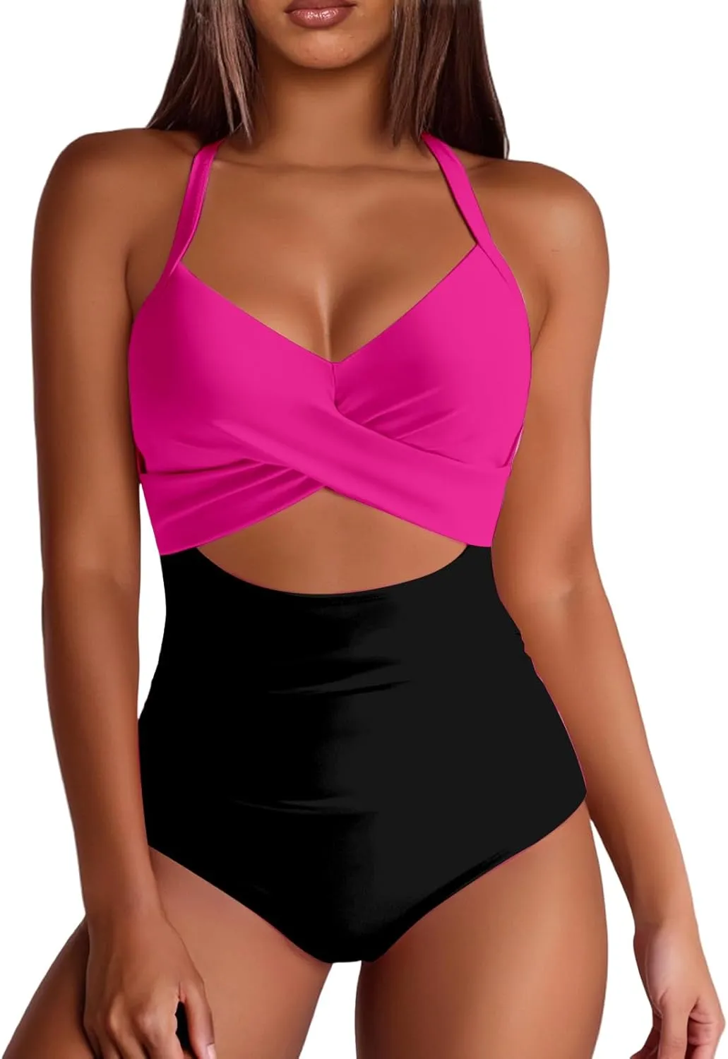 Womens One Piece Swimsuits Waisted Cross Tummy Control Cutout High Waisted Bathing Suit Straps Pad Swimwear