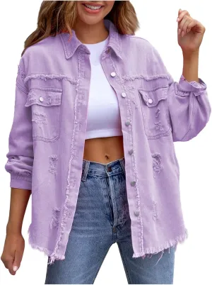 Womens Oversized Ripped Denim Jacket Frayed Hem Button Front Boyfriend Jean Coat Pockets Western Shirt Jean Shacket