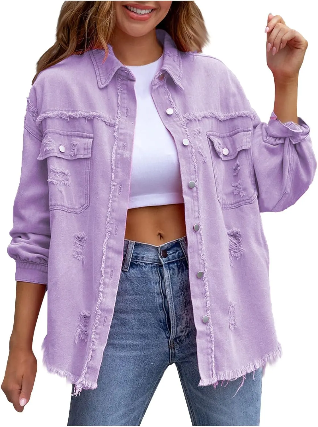 Womens Oversized Ripped Denim Jacket Frayed Hem Button Front Boyfriend Jean Coat Pockets Western Shirt Jean Shacket
