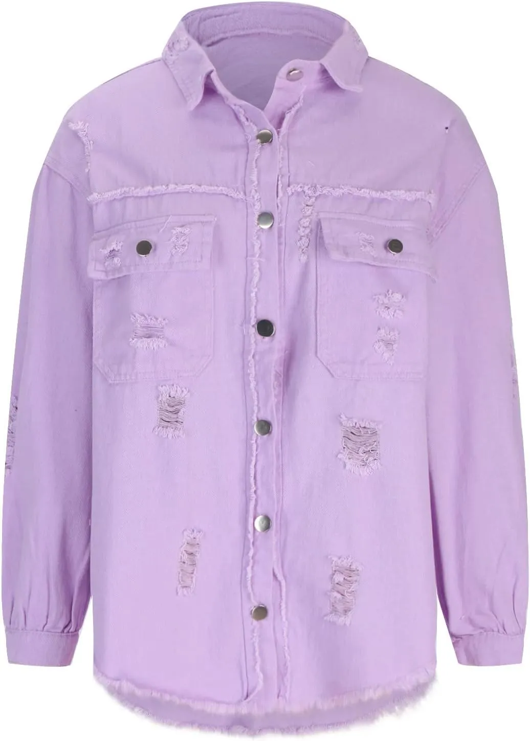 Womens Oversized Ripped Denim Jacket Frayed Hem Button Front Boyfriend Jean Coat Pockets Western Shirt Jean Shacket