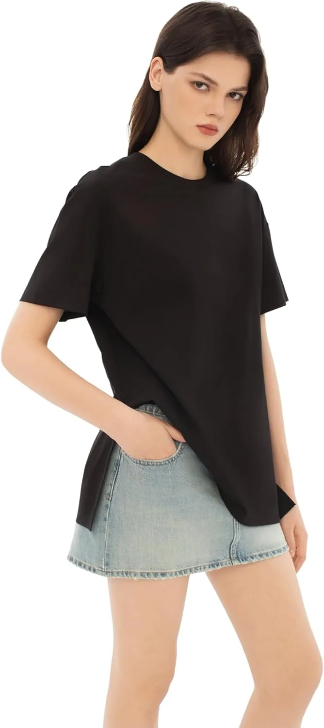 Women's Oversized Tshirts Summer T Shirts Fasihon Crewneck Side Slit Tops Short Sleeve 2025 Trendy Outfits