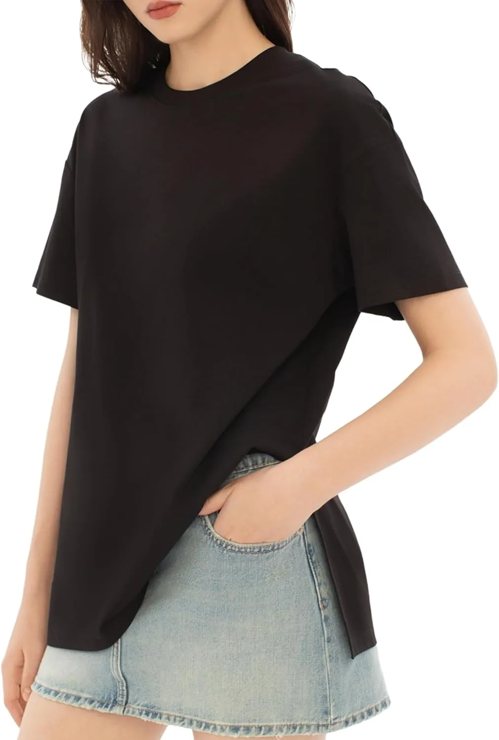 Women's Oversized Tshirts Summer T Shirts Fasihon Crewneck Side Slit Tops Short Sleeve 2025 Trendy Outfits