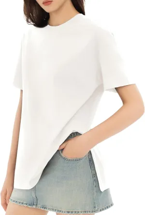 Women's Oversized Tshirts Summer T Shirts Fasihon Crewneck Side Slit Tops Short Sleeve 2025 Trendy Outfits