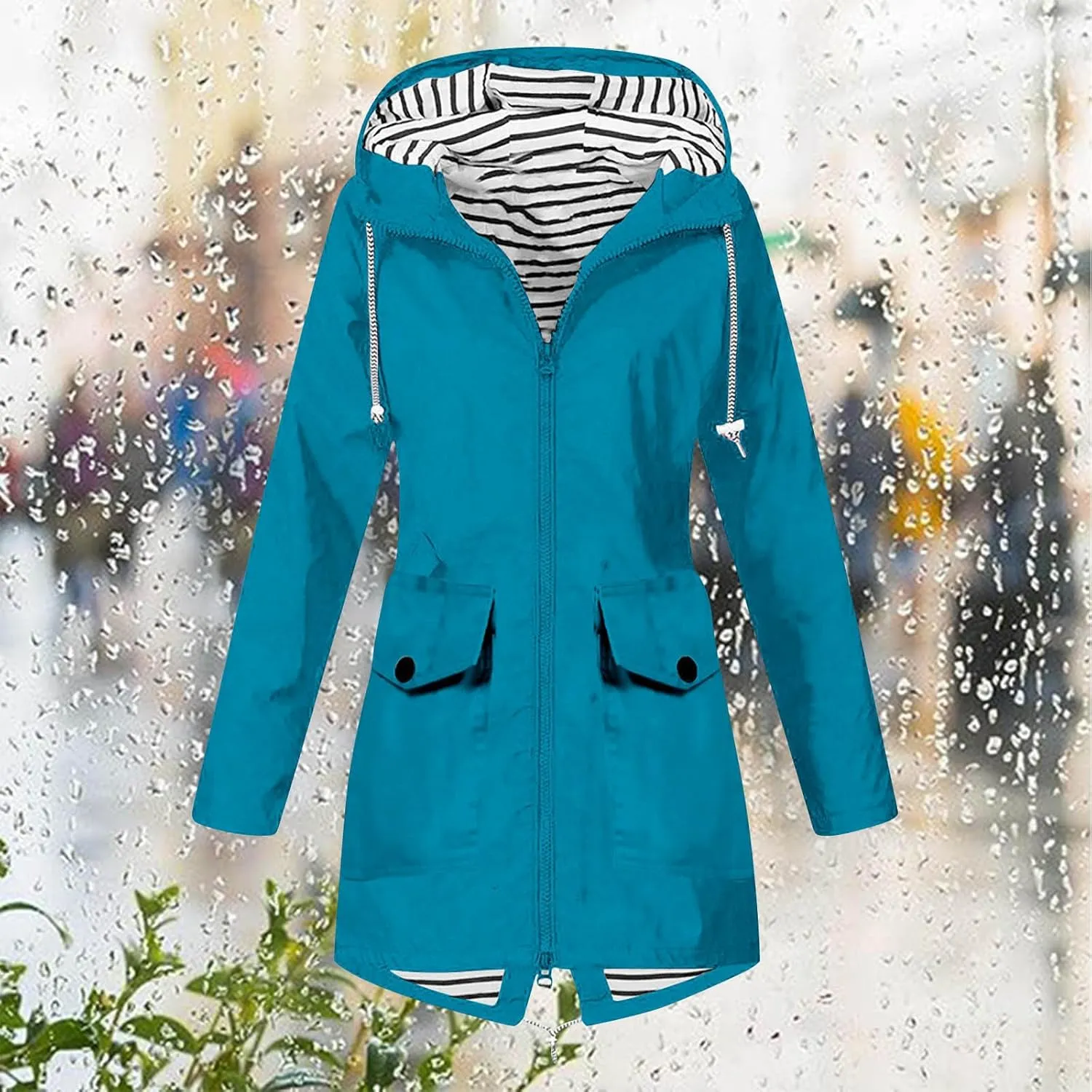 Womens Rain Coat Waterproof Dressy Zip Up Rain Jacket with Pockets Button Fall Raincoat Windbreaker with Hood